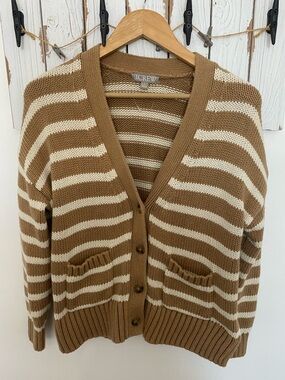 J. Crew Camel tan Striped V-Neck Button Cardigan size small